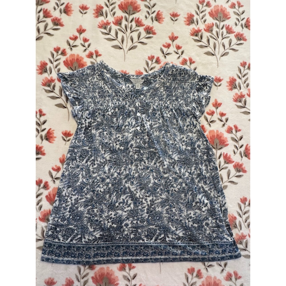 Lucky Brand Womens Blue Floral Paisley Smocked Henley Blouse Top Size M
